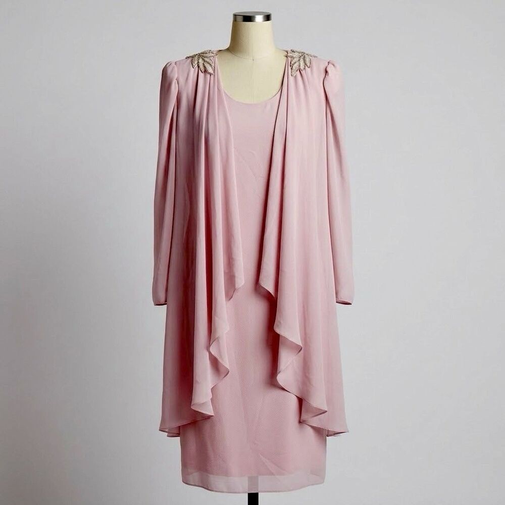 Vintage Plus Formal Pink Chiffon Dress 17/18 Beaded Floral Shoulder 80s 90s MOB